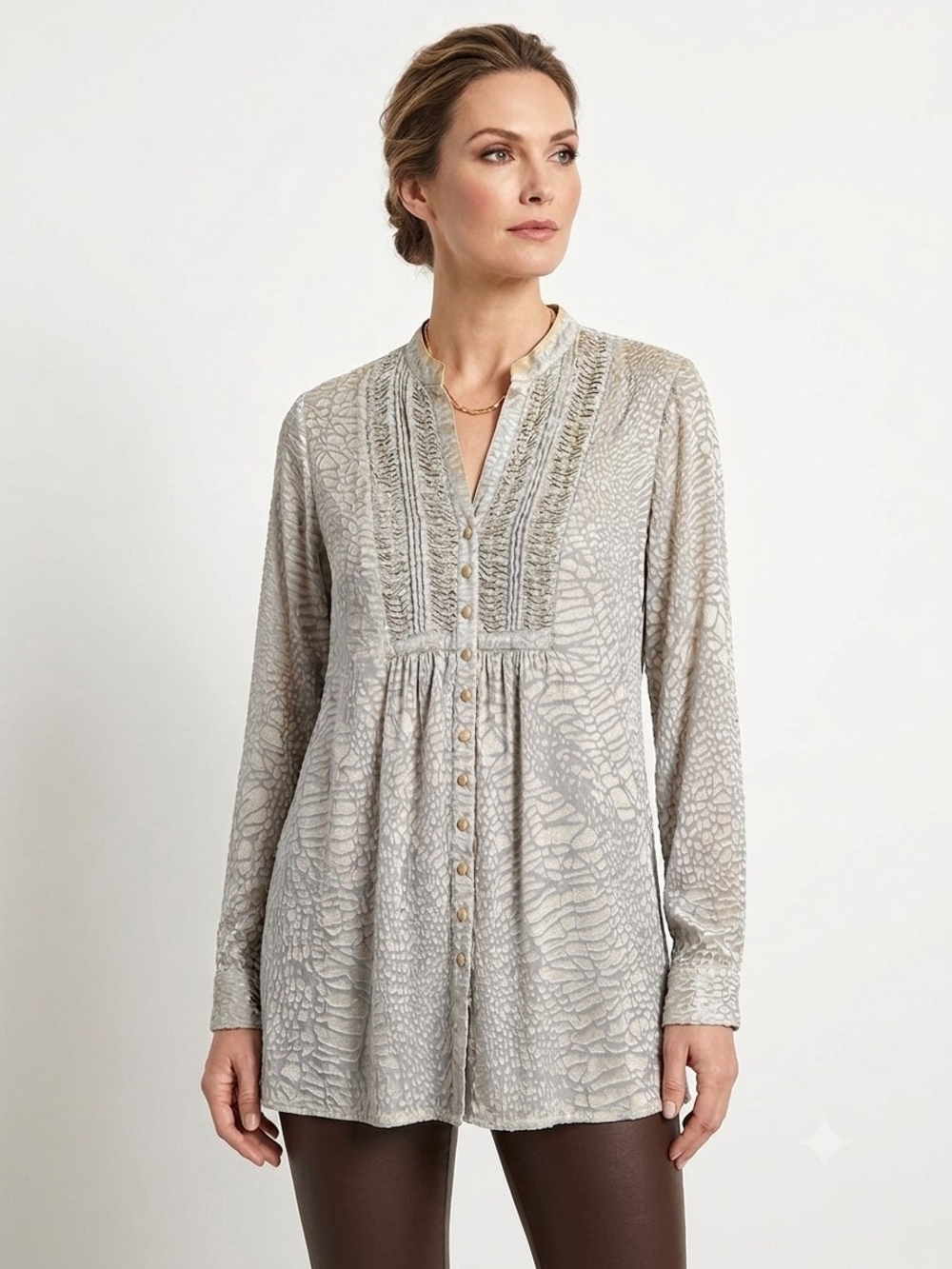 Chico's Taupe and Cream Pintuck Button-Down Tunic Rayon, Silk Chico's Size 2